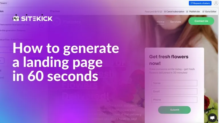 Crie seu site o descrevendo com o Sitekick.ai