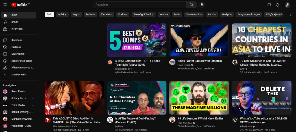 tela do YouTube, uma alternativa do google