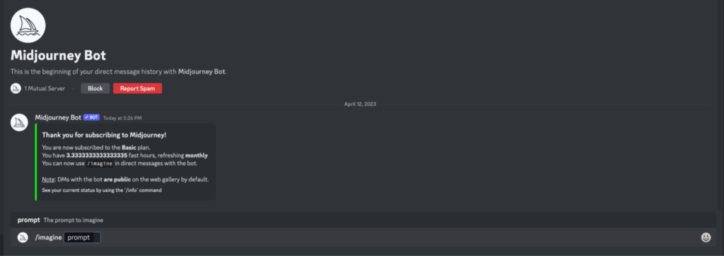 detalhes sobre o bot do midjourney