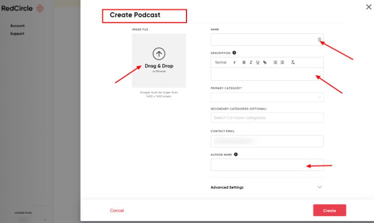 como carregar um podcast no redcircle