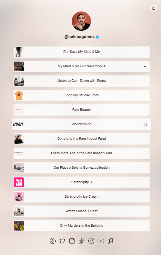 Todos os links do linktree da selena gomez