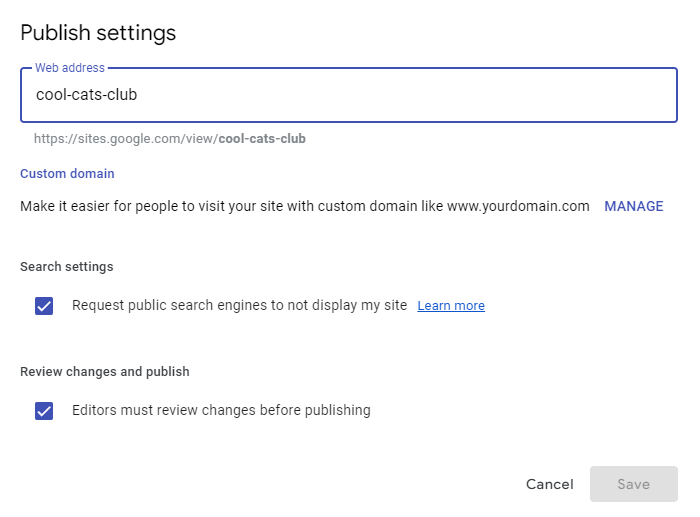 publicando o site no google sites