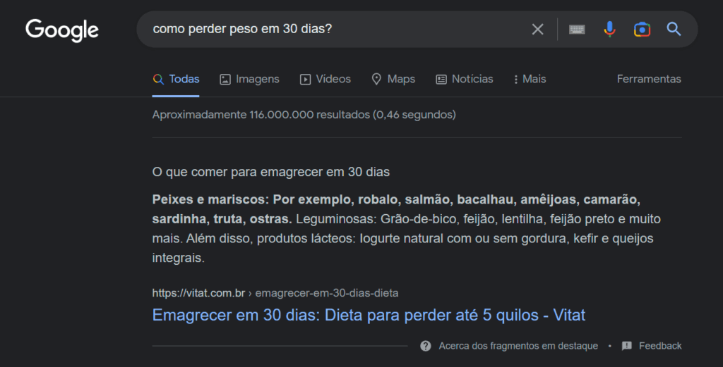google já mostrando o resultado de uma pesquisa sem precisar clicar no site