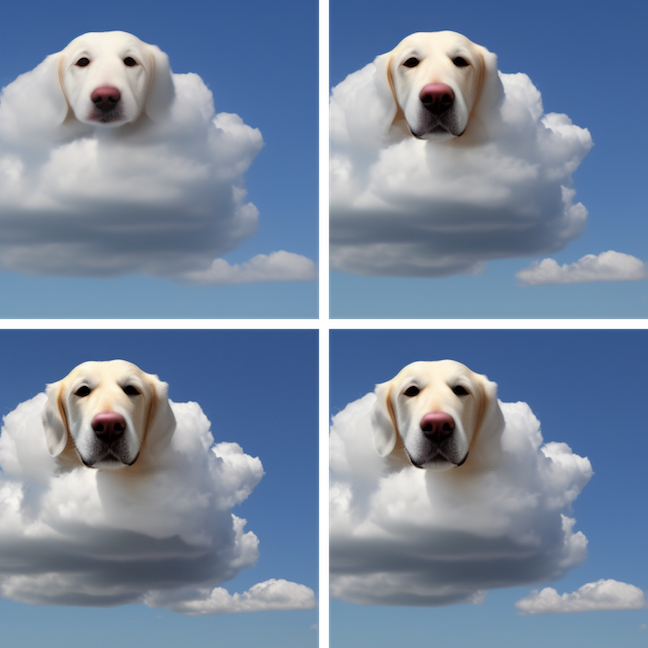 Uma nuvem em forma de cachorro flutuando em um céu azul claro - do alto à esquerda, indo no sentido horário, a 10 passos, 20 passos, 40 passos e 120 passos.