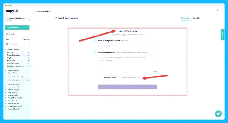 como é a interface do copy.ai