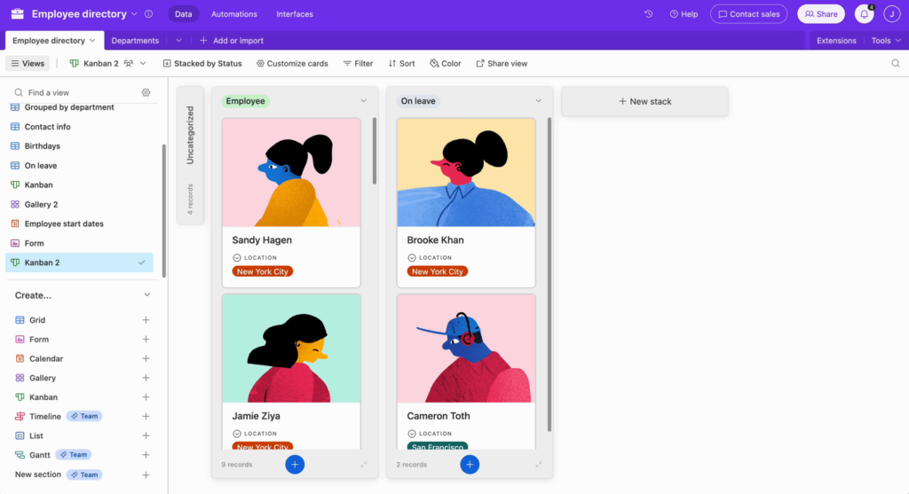 Uma visualização Kanban oferece outra maneira de visualizar seus registros em um quadro de cartões empilhados.