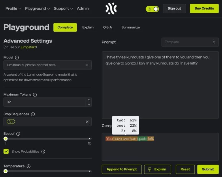 O recurso "Explicar" exibe informações sobre os resultados do modelo de linguagem, como probabilidades e quais palavras na instrução foram cruciais para o resultado. | Imagem: Aleph Alpha