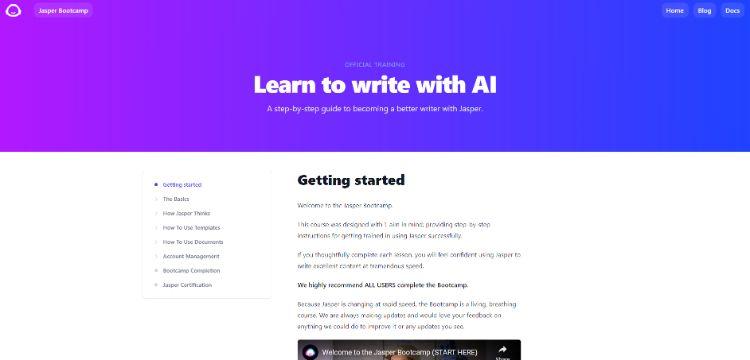 área de treinamento e tutoriais do jasper.ai