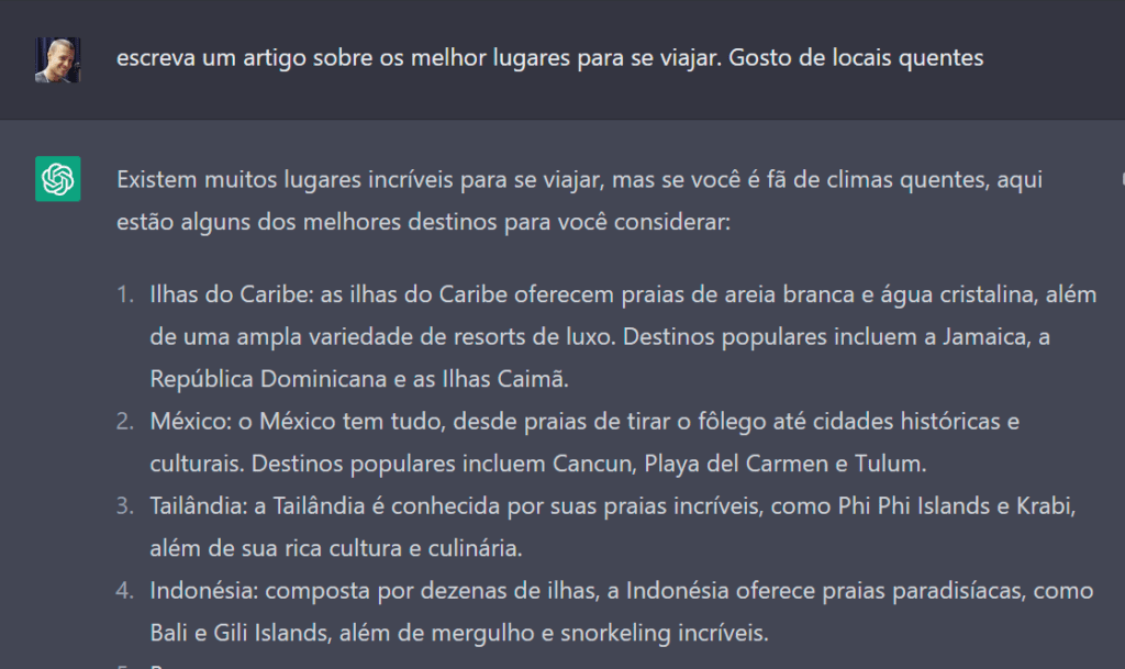usando o chatgpt para dar ideias de locais de viagem