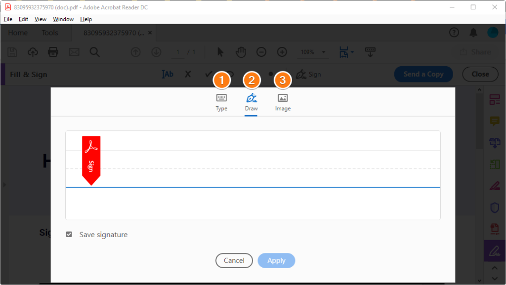 Um pop-up será aberto, oferecendo três opções: Tipo, Desenho e Imagem. Quando terminar, clique no botão Aplicar.