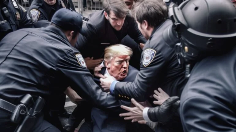 Os geradores de imagens de IA podem produzir imagens fotorrealistas que são difíceis de distinguir de imagens reais. Um exemplo disso é a suposta prisão fictícia de Donald Trump, o que levanta questões sobre a regulamentação de imagens de IA. | Imagem: Midjourney criada por Eliot Higgins