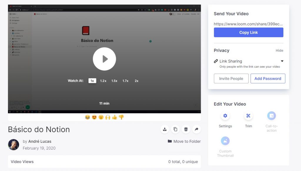 Página do vídeo no loom