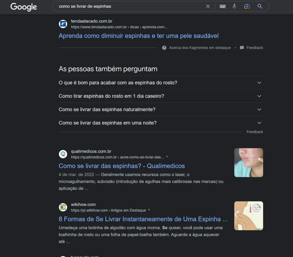 exemplo de intenção de busca nos resultados do google