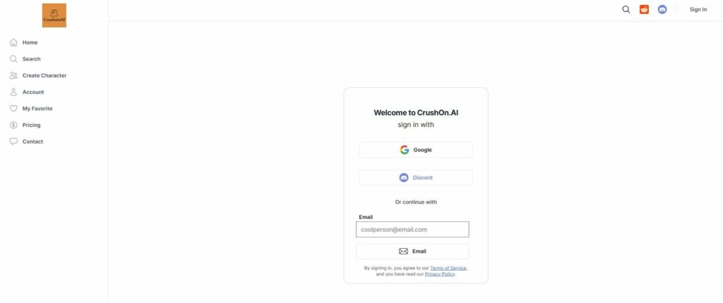 registro no site Crushon AI