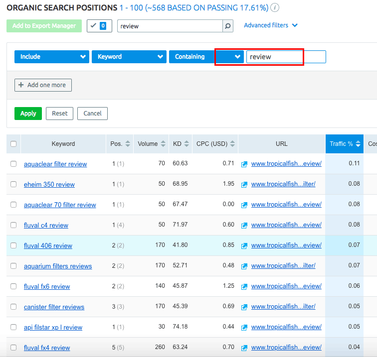 palavras-chave com 'reveiw' no semrush