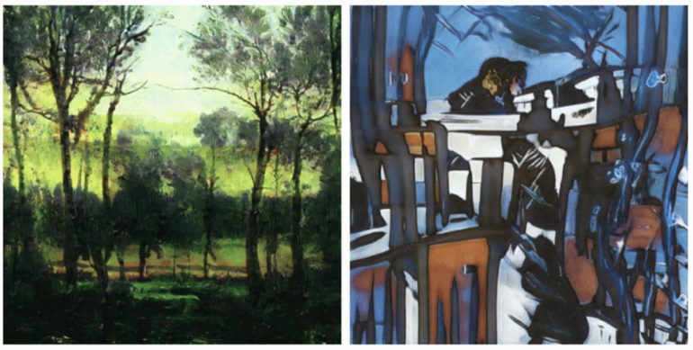 Dois exemplos das obras de arte geradas por IA usadas no estudo. Todas as imagens podem ser vistas aqui.