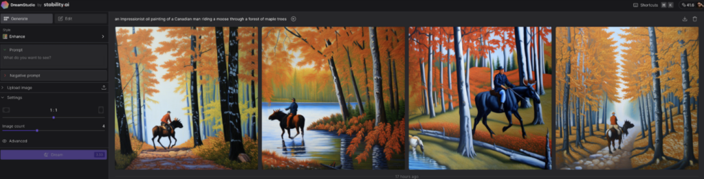 Aqui está o prompt que mencionei acima no DreamStudio (Stable Diffusion):