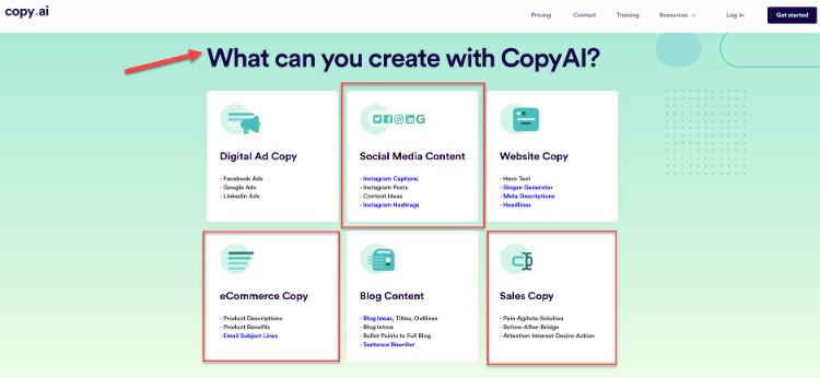 principais recursos do programa de escrita com inteligência artificial Copy.ai