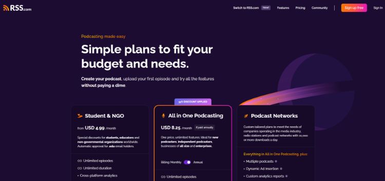 planos de preço do rss.com