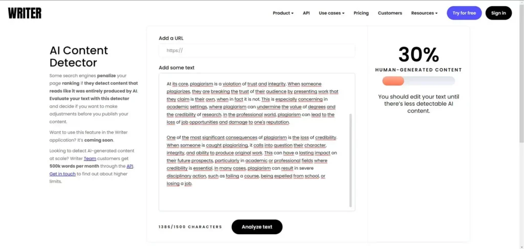 detector de texto com IA do Writer AI
