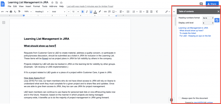 Uma vez instalado, o Índice será exibido no lado direito do documento.