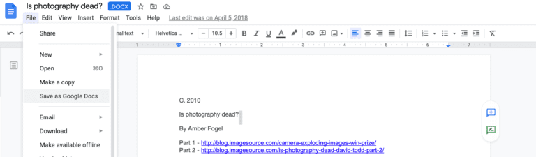 Para salvá-lo como um Documento Google, escolha o menu Arquivo e use a opção Salvar como Documentos Google.