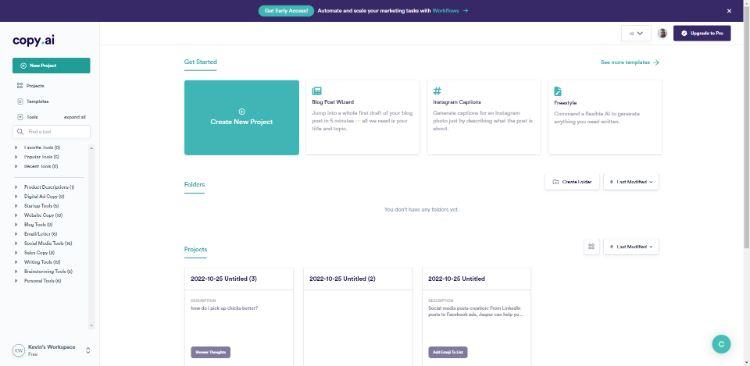 Interface do usuário do copy ai