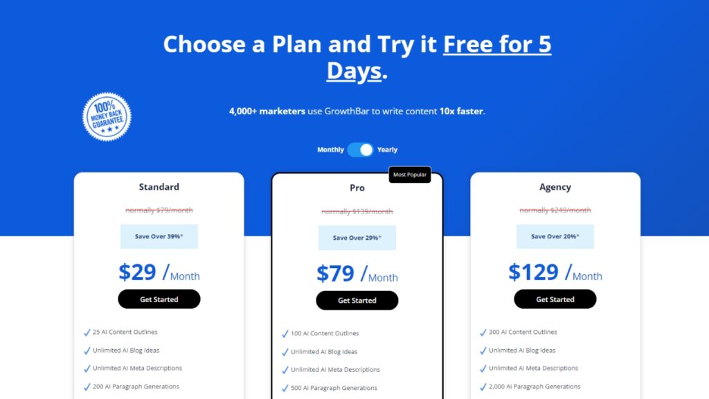 preço da ferramenta de SEO com inteligência artificial Growthbar