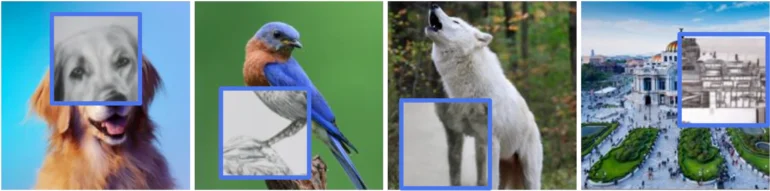 Durante o treinamento, o preditor deve prever o conteúdo na caixa azul. Os resultados visíveis aqui foram produzidos usando um modelo de IA generativa conectado ao módulo de Preditor.