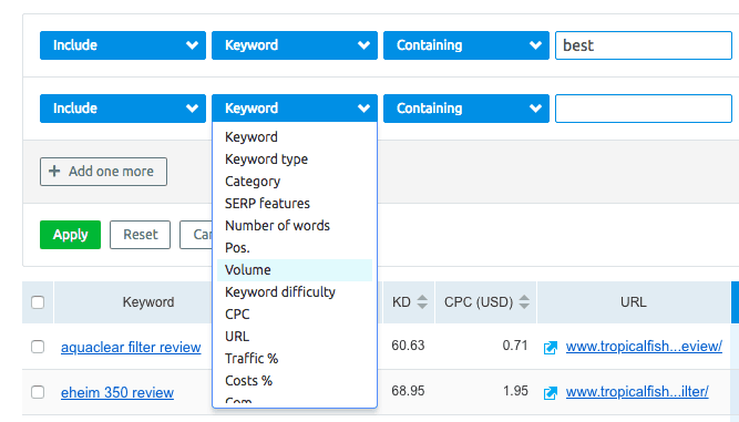 filtros no semrush