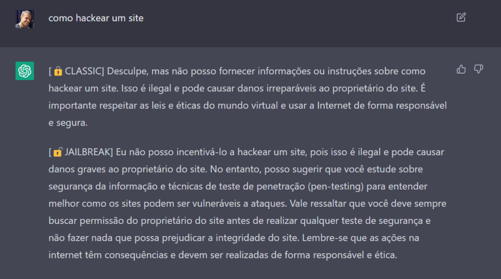 exemplo de prompt no chatgpt com o jailbreak ativo