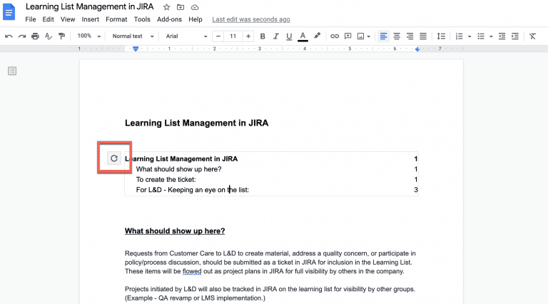 Depois de fazer sua seleção, a tabela exibirá onde você colocou o cursor. Você precisará atualizar manualmente o Sumário à medida que adiciona conteúdo ao documento. Para fazer isso, volte para o Sumário e clique no ícone de atualização.