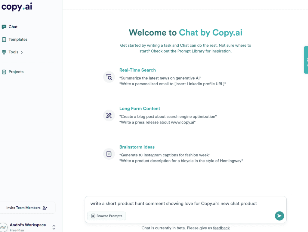 copy ai chat tem respostas atualizadas
