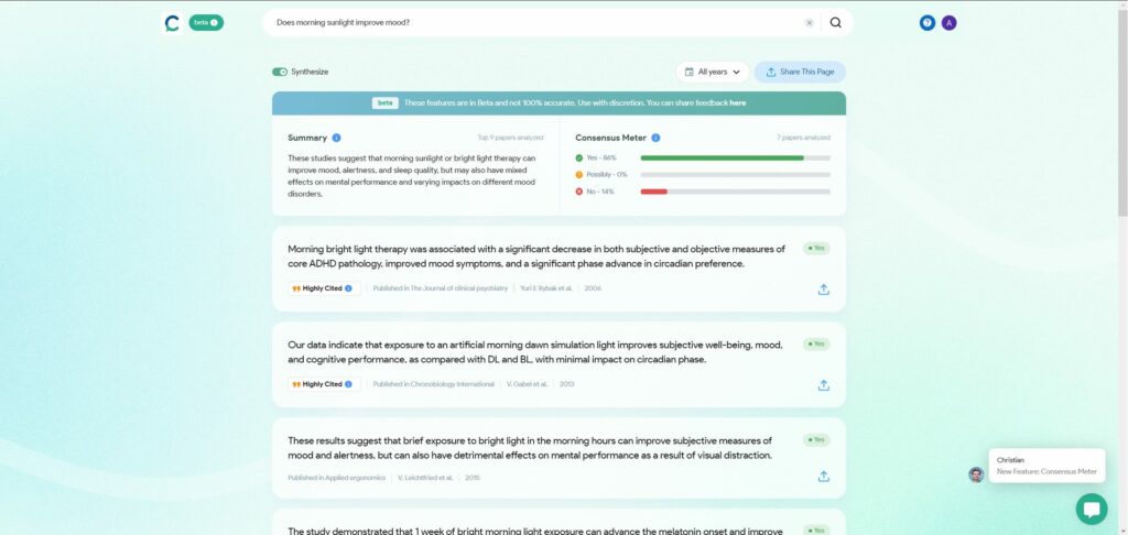 O Consensus AI é um mecanismo de pesquisa que fornece resultados instantâneos de publicações de pesquisa em resposta a perguntas simples de pesquisa em inglês, como “o óleo de peixe melhora a depressão?”