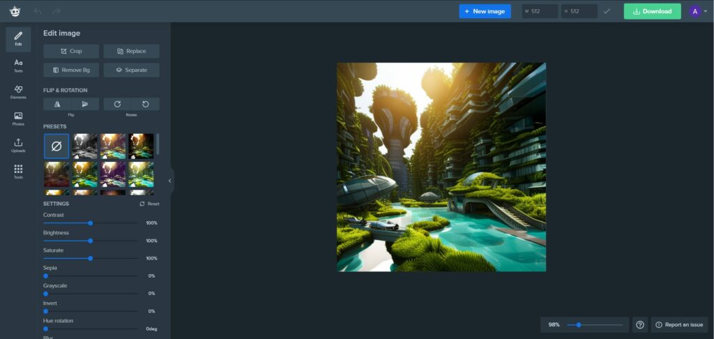 Prompt: Uma foto de uma cidade florestal mágica do futuro com carros voadores e vida robótica
