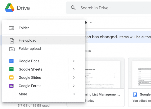 Fazer upload de um documento do Word no Google Docs